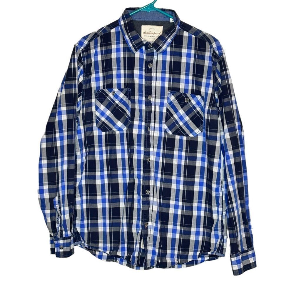 Weatherproof blue & black plaid 100% cotton casual button down shirt size m